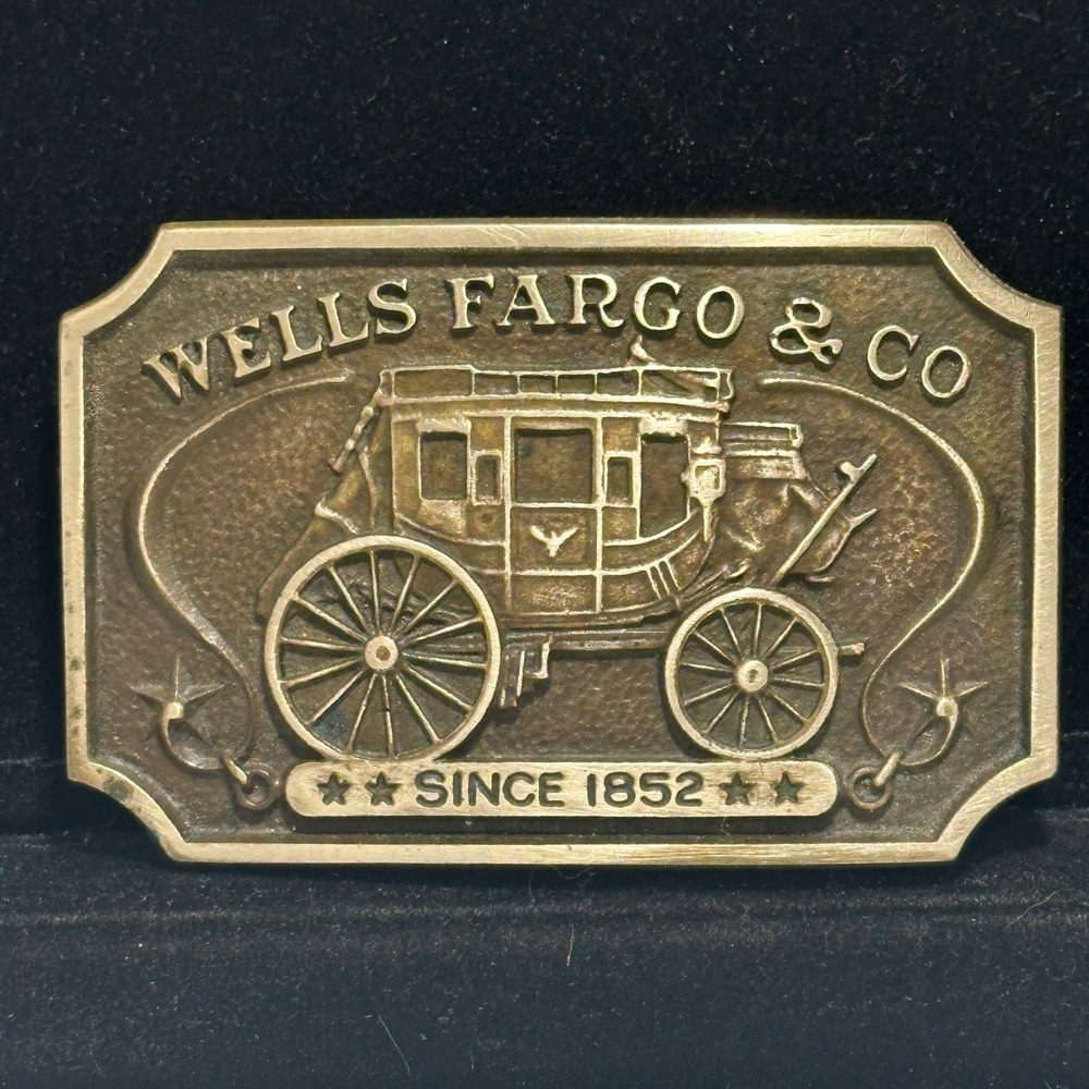 Vintage 1973 Wells Fargo & Co Stagecoach Belt Buckle Brass LH248 Western 3.25in